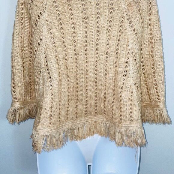 Womens Sweater Poncho OS Beige Sleeveless Cable Knit Fringe One Size - Picture 9 of 9